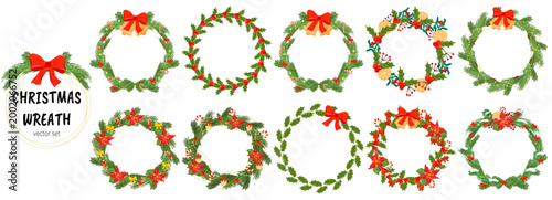 Set green circle light wreath with christmas garland and collection. Merry vector design round frame of floral card and bow. Decor features fir branches for outdoor holly and holiday.
