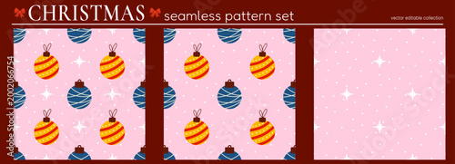 Cover mistletoe pastel bg vector for holiday pattern. Christmas handmade seamless baubles trendy retro winter vintage stocking gift. Pine toy blue background pink modern red.