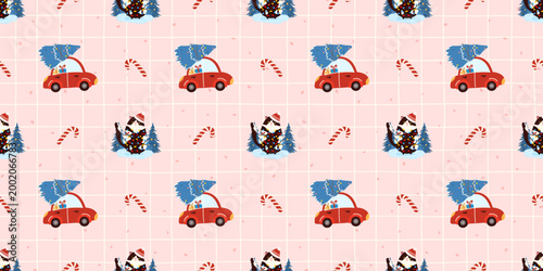 Claus santa cat with christmas tree and car. Checkered gingham pattern festive scene features line print. Decoration and ornament stripe texture for trendy nordic design.