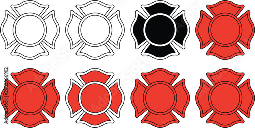 Firefighter Maltese cross emblem, fire department badge vector featuring rescue symbol and emergency service icon for safety and heroism concept design.