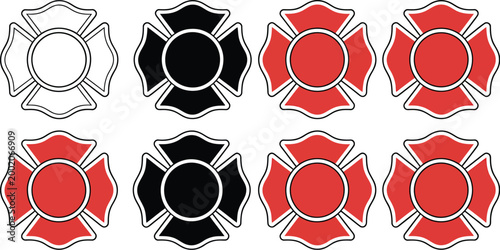 Firefighter Maltese cross emblem, vector fire department badge with rescue icon representing courage safety and emergency response in clean design.