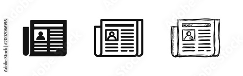 Newspaper Icon Set with Profile Picture and Text Articles in Three Design Styles