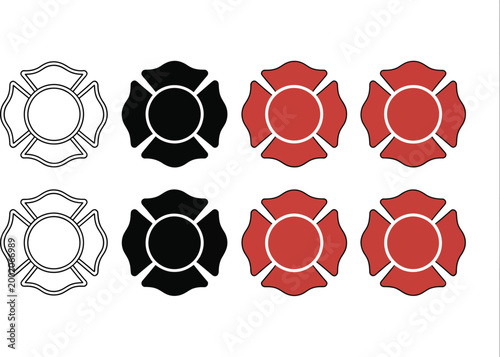 Firefighter Maltese cross emblem, professional fire department badge with rescue icon symbolizing courage safety protection and emergency response design.