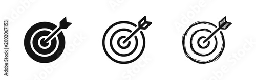 Target Success Icon Set with Bullseye and Arrow Symbol in Three Design Styles