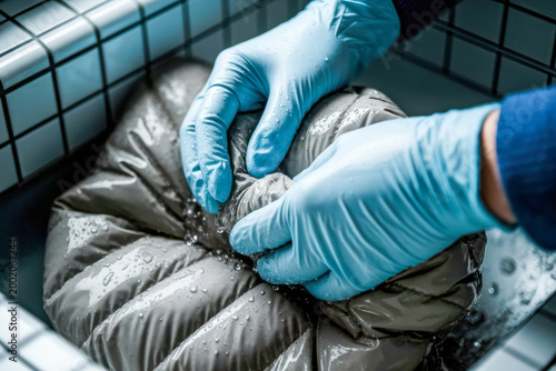 Hands wearing blue gloves wash a wet jacket in a kitchen sink with water droplets on the fabric and gloves.