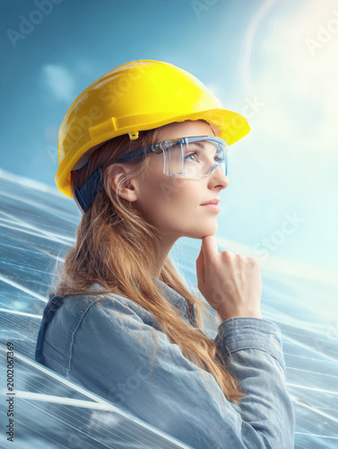 digital art piece showing a female solar technician wearing protective glasses and a yellow safety helmet. She stands in a modern renewable energy park with her hand on her chin in a contemplative 