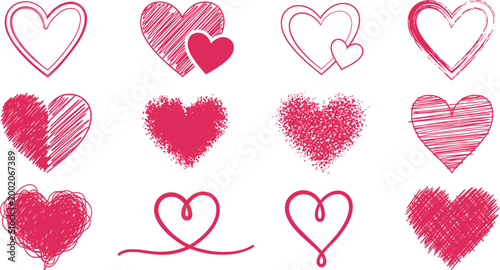 Hand-drawn red hearts with varied styles and designs in minimalist sketch
