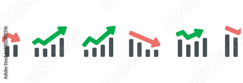 Set of financial bar chart icons showing upward and downward trends with arrows.