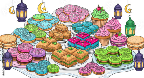 A vibrant display of traditional Middle Eastern and Western desserts like baklava, macarons, and cupcakes, set with festive lanterns.