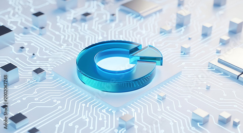 Futuristic glowing blue circular element on a white circuit board with microchips technology microchip circular computer hardware innovation connection abstract electronic semiconductor