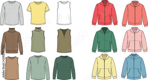 Cartoon clothing collection set with t shirts hoodies jackets and sweaters isolated on white background fashion apparel vector illustration