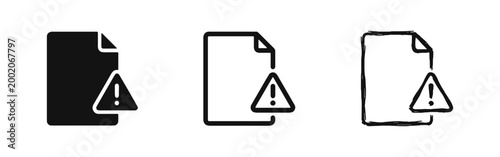 Document File Error and Warning Icon Set with Exclamation Mark in Solid Outline and Hand Drawn Styles