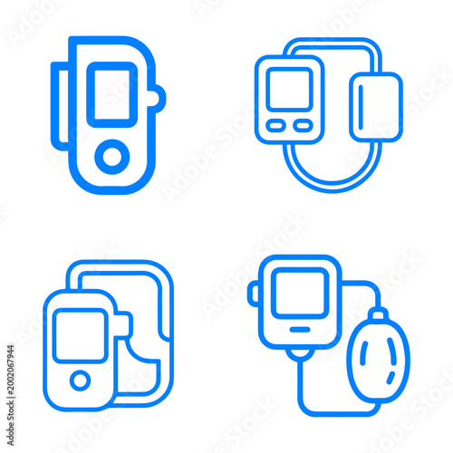 Set of four blue line icons representing digital blood pressure monitors and health tracking devices for medical monitoring.