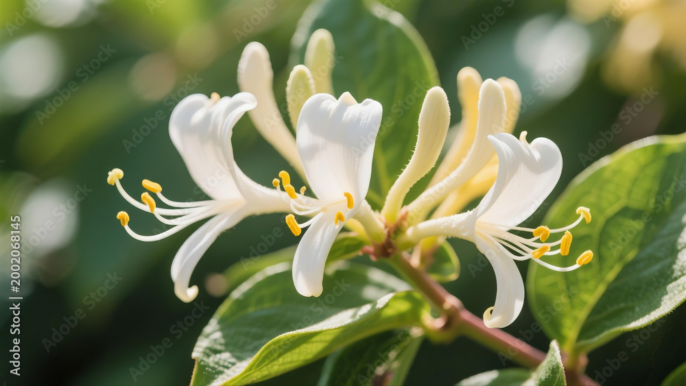 Fototapeta premium A cluster of white honeysuckle flowers, with stamens dotted with yellow, in a natural environment, photographed with a close-up shot. The background features clear green leaves, and soft sunlight illu