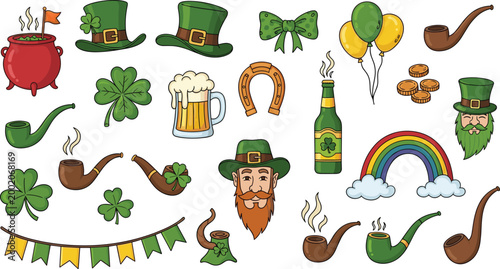 St Patrick’s Day illustration set with leprechaun, pipes, beer, shamrocks and festive elements, hand drawn vector collection for Irish holiday designs, decorations, and celebration graphics