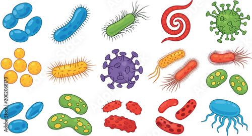 Cartoon microbiology elements set with bacteria viruses cells and crystals isolated on white background science medical vector illustration