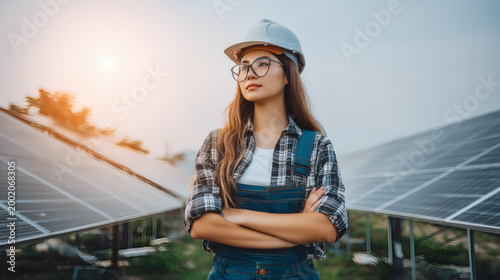 woman technician in full safety gear stands between symmetrical rows of solar panels, reviewing the site with a serious and reflective expression. The perspective emphasizes depth and scale 