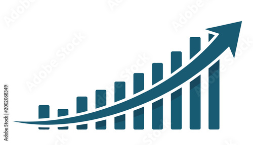 Blue bar graph with rising bars and an upward arrow showing financial growth and success.