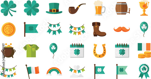 St Patrick’s Day festive icon collection with shamrocks, beer, flags and lucky symbols, colorful vector set for Irish holiday designs, celebration graphics, and themed decorations