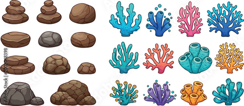 Cartoon rock formations and colorful coral reef collection isolated on white background underwater marine nature vector illustration set