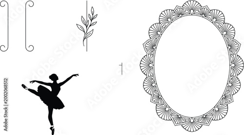 Black Decorative Design Set Featuring Ballerina Silhouette Ornate Oval Scalloped Frame Floral Branch and Minimalist Swirl Border Elements