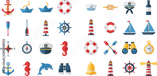 Cuadro en lienzo Nautical maritime icon set with anchors, ships, lighthouses and navigation eleme