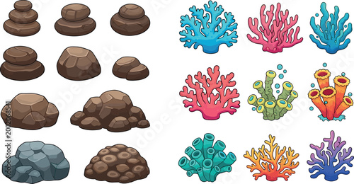 Cartoon rocks and colorful coral reef elements set isolated on white background marine underwater nature vector collection illustration
