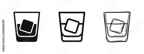 Whiskey Glass with Ice Cube Icon Set in Solid Outline and Hand Drawn Sketch Styles