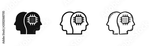 Artificial Intelligence and Cybernetics Icon Set with Human Heads and Microchip Chip