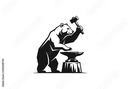 Obraz na plátně Bear blacksmith mascot holding hammer at anvil on white background
