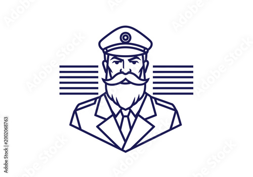 Bearded captain in uniform line art vector illustration