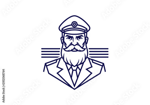 Bearded sea captain mascot in minimalist line art style