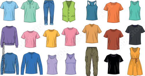 Casual clothing collection set with t shirts pants tops and vest isolated on white background fashion apparel vector illustration