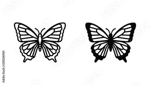 Monarch butterfly insect icon set showing delicate wing patterns in both solid black silhouette and clean outline vector format