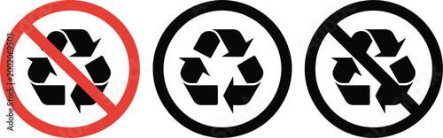 Recycle and no recycling icon set, vector illustrations showing allowed and prohibited recycling symbols for waste management environmental safety and regulation design.