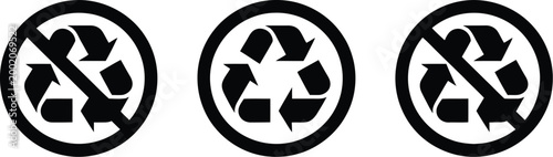 Recycle and no recycling icon set, flat vector icons with recycling and prohibited symbols for waste disposal rules environmental protection and hazard warning design.