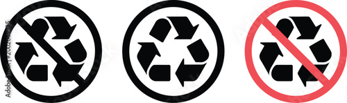 Recycle and no recycling icon set, environmental symbols with ban signs indicating recycling permission and restriction for waste control and eco awareness graphics.