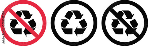 Recycle and no recycling icon set, vector symbols with prohibition sign on grey background representing waste disposal rules environmental protection and restricted actions.
