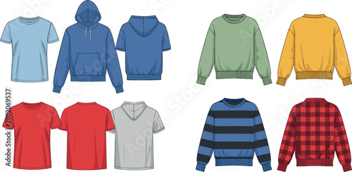 Casual clothing set with hoodies sweaters and t shirts isolated on white background modern fashion apparel vector illustration collection