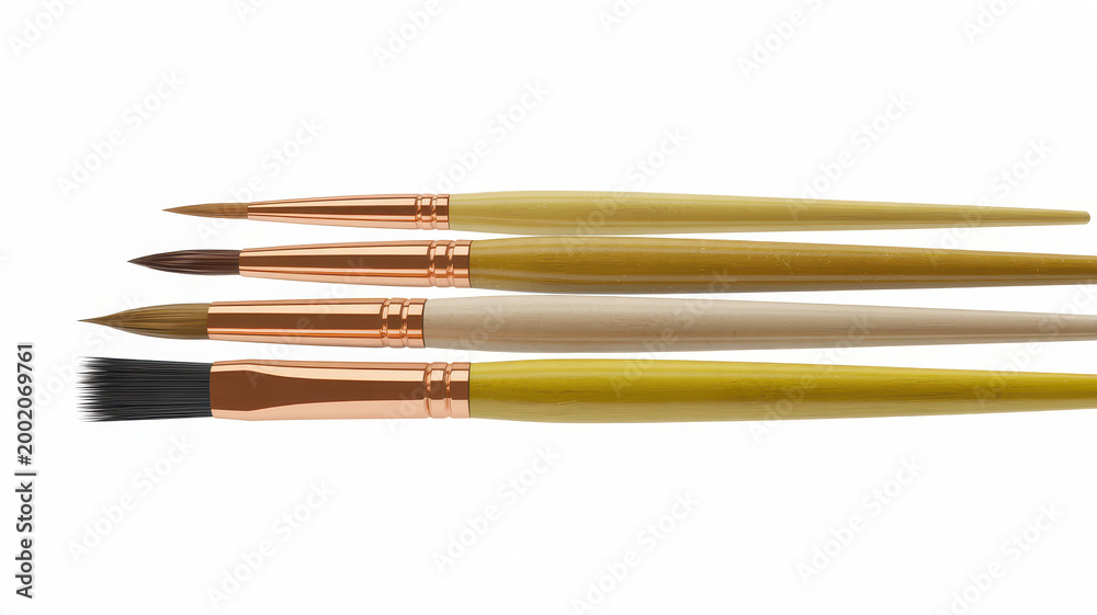 Fototapeta premium Four assorted paint brushes with wooden handles and metal ferrules isolated on white background