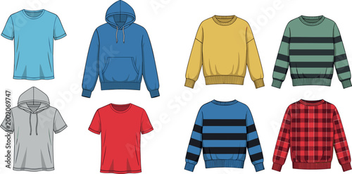 Casual clothing set with hoodies sweaters striped pullovers and t shirts isolated on white background modern fashion vector illustration