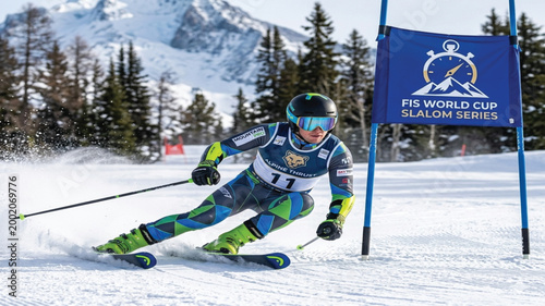 FIS Alpine World Cup: Professional Slalom Skier Racing on Mountain Slope