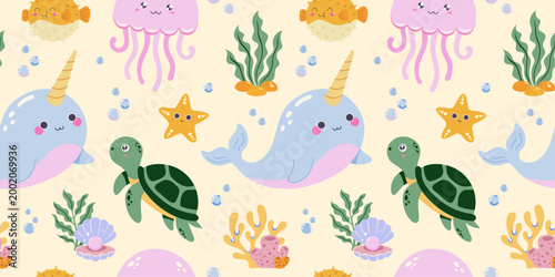Seamless pattern with narwhal turtle jellyfish and sea creatures on light background