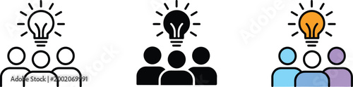 Creative team brainstorming session glowing lightbulb head person icon set vector illustration in line art solid black and multicolor styles innovation idea concept