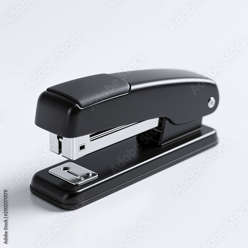 A black stapler is shown from an angle on a neutral white surface, its minimalist design accented with metal staple holder and screws.