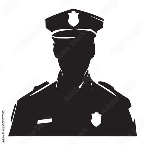 Black Silhouette Vector Illustration of Police Officer in Uniform with Badges