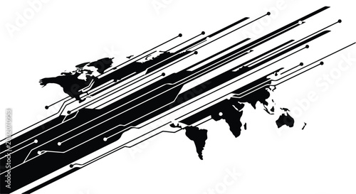 Tableau sur toile World map integrated with circuit lines represents global digital connectivity flows