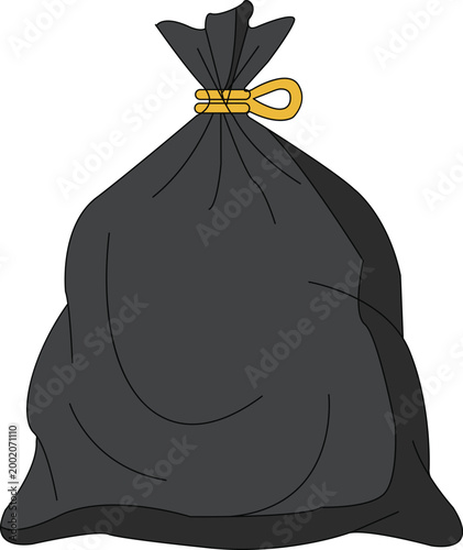 Black plastic trash bag with yellow tie