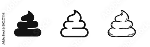 Swirl Shape Icon Set Representing Poop or Cream in Solid, Outline, and Doodle Styles