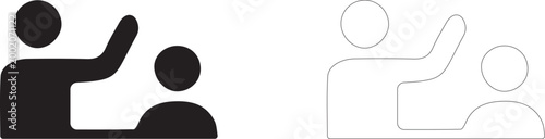 Teacher with raised hand explaining material to student at desk, symbol of education, mentoring and learning process, vector icon in two styles: glyph and outline.